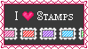 grey stamp with a pink border. it has the text 'i heart stamps' as stamp shapes cycle across the stamp.