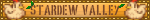 brown blinkie featuring the logo for the game stardew valley, accompanied by two pixel chickens.
